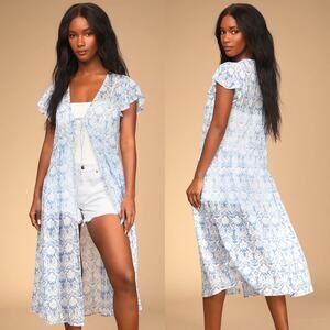 Lulus Tender Times Light Blue Floral Print Tie-Front Duster